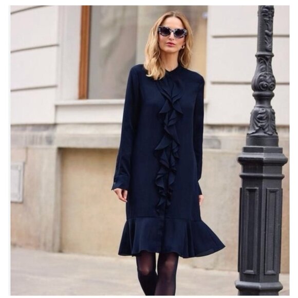 Tory Burch Womens Jane Shirt Dress Size 4 Navy Blue Crepe de chine ruffle NWT - Picture 1 of 14